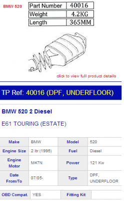 Roetfilter BMW E61 TOURING (ESTATE) 520 Diesel (1995cm³) afbeelding 1
